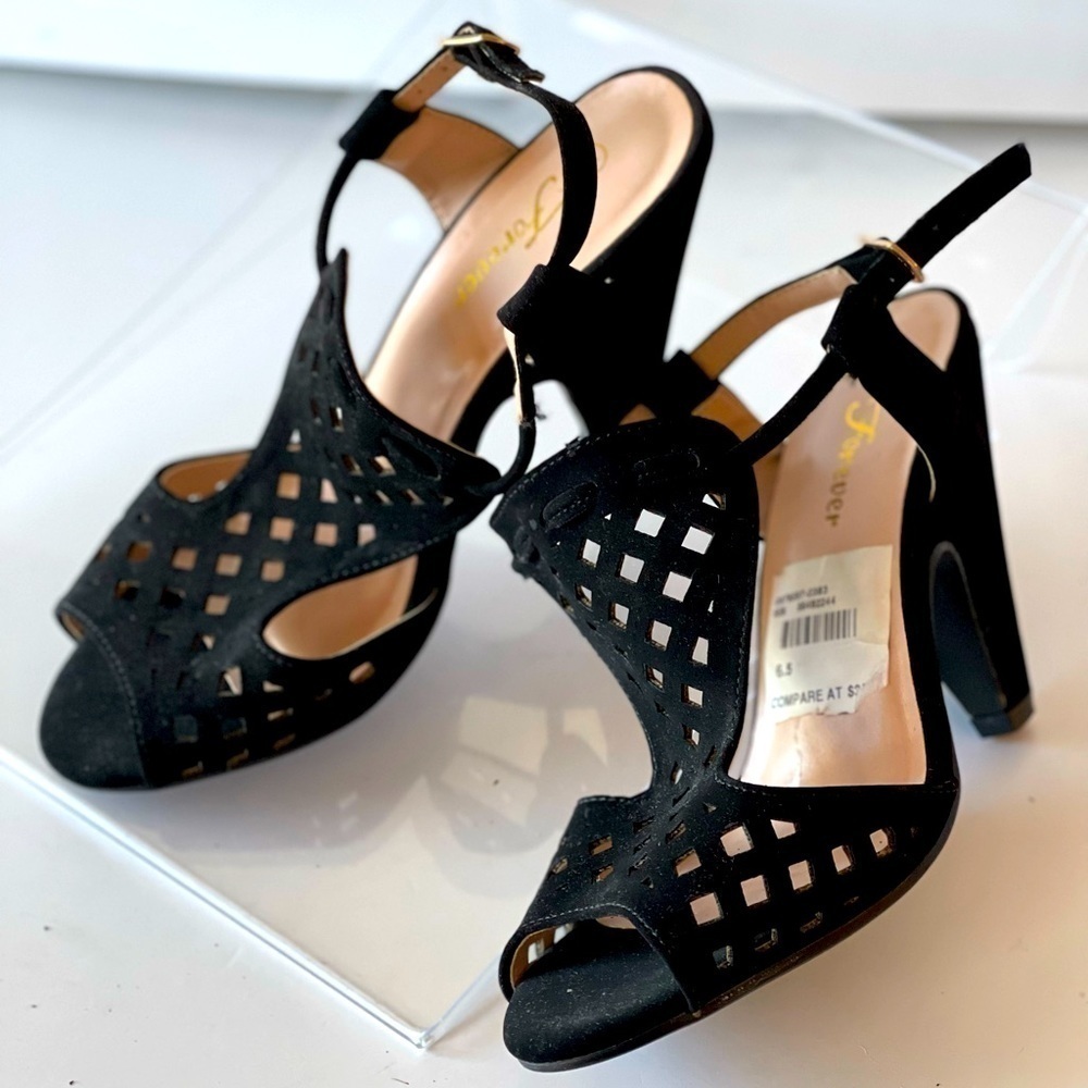 Forever Strappy Black Wedge Sandals Platform Block Heels Sling Back, Sz 6.5M